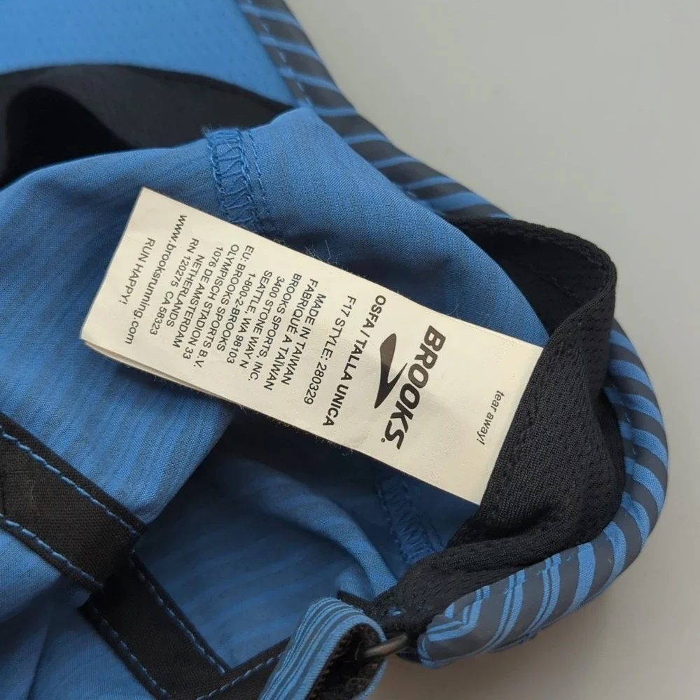 Brooks 5 Panel Hat Cap Strapback OSFA Blue Stripe Running Lightweight Adjustable